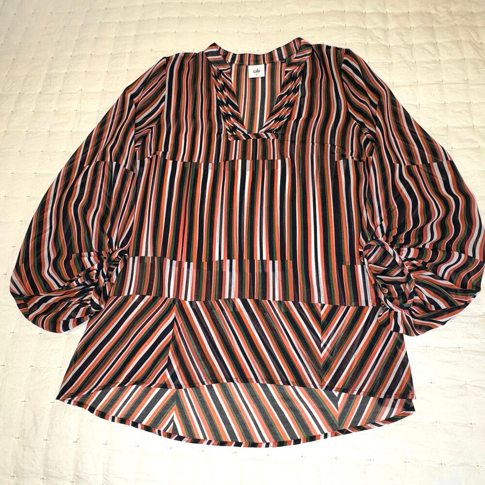 CAbi Women’s S Striped Chiffon Balloon Sleeve Blouse - Picture 6 of 15